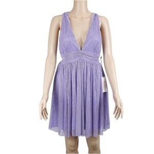Dress Halter Bodice Fit & Flare Shimmer Glitter Pleated Ruched Waist Purple Sz S